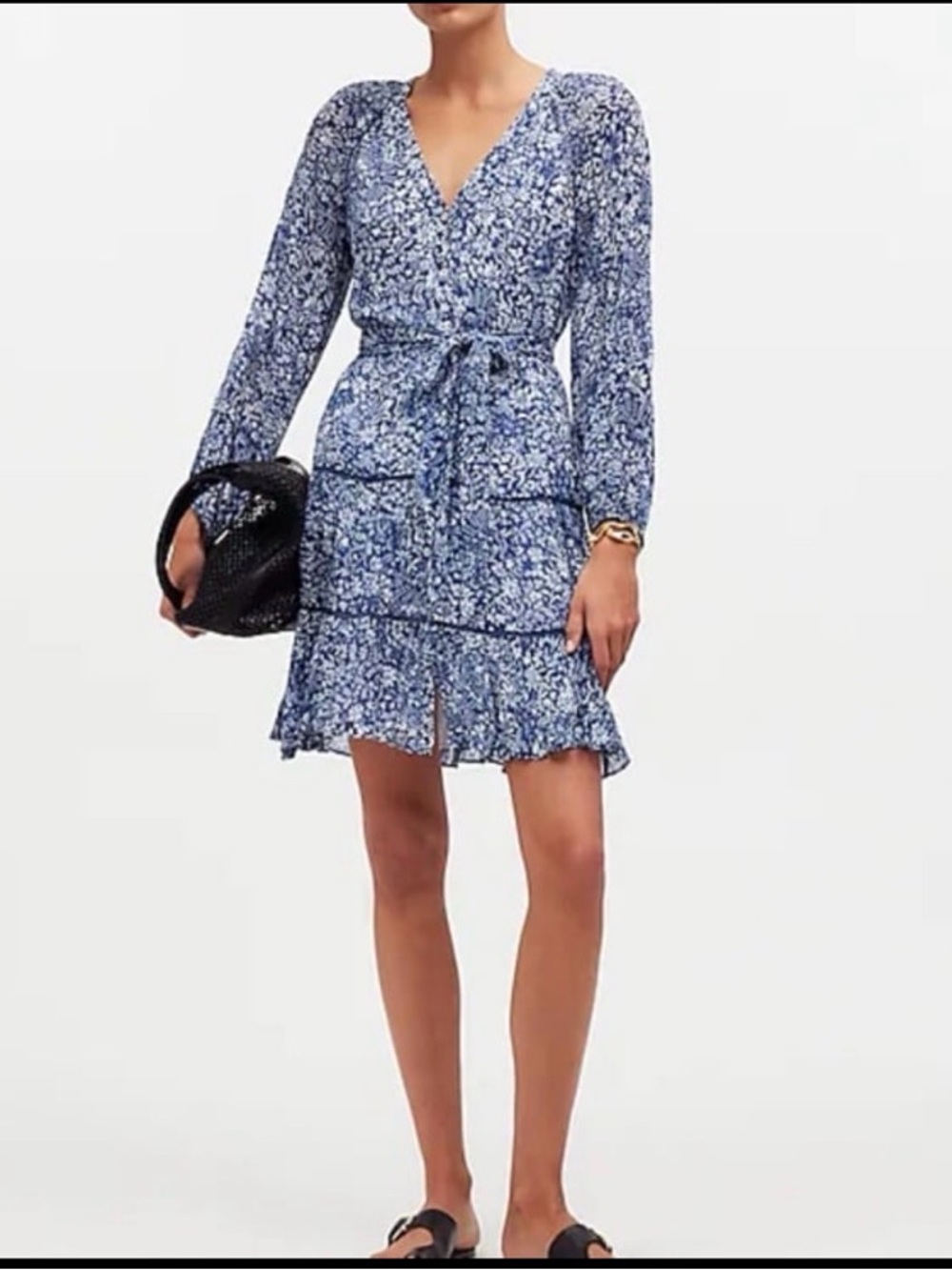 Madewell Blue and White Floral Long-Sleeve Tie-Waist Spring Wedding Guest Dress